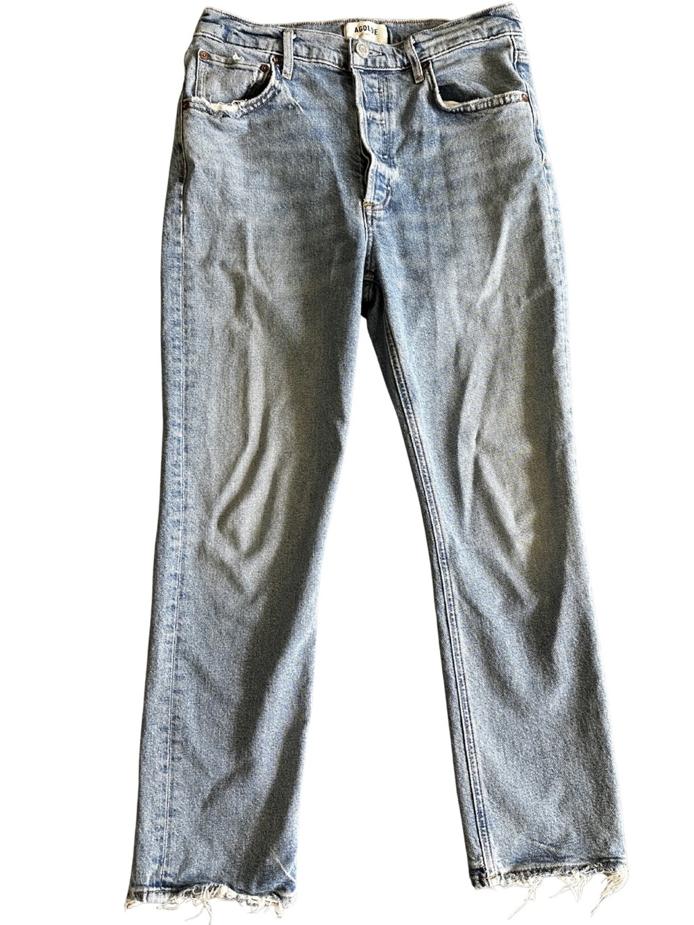 AGOLDE Riley Crop Straight Jeans 28 High Rise Light Wash Raw Hem Organic Cotton